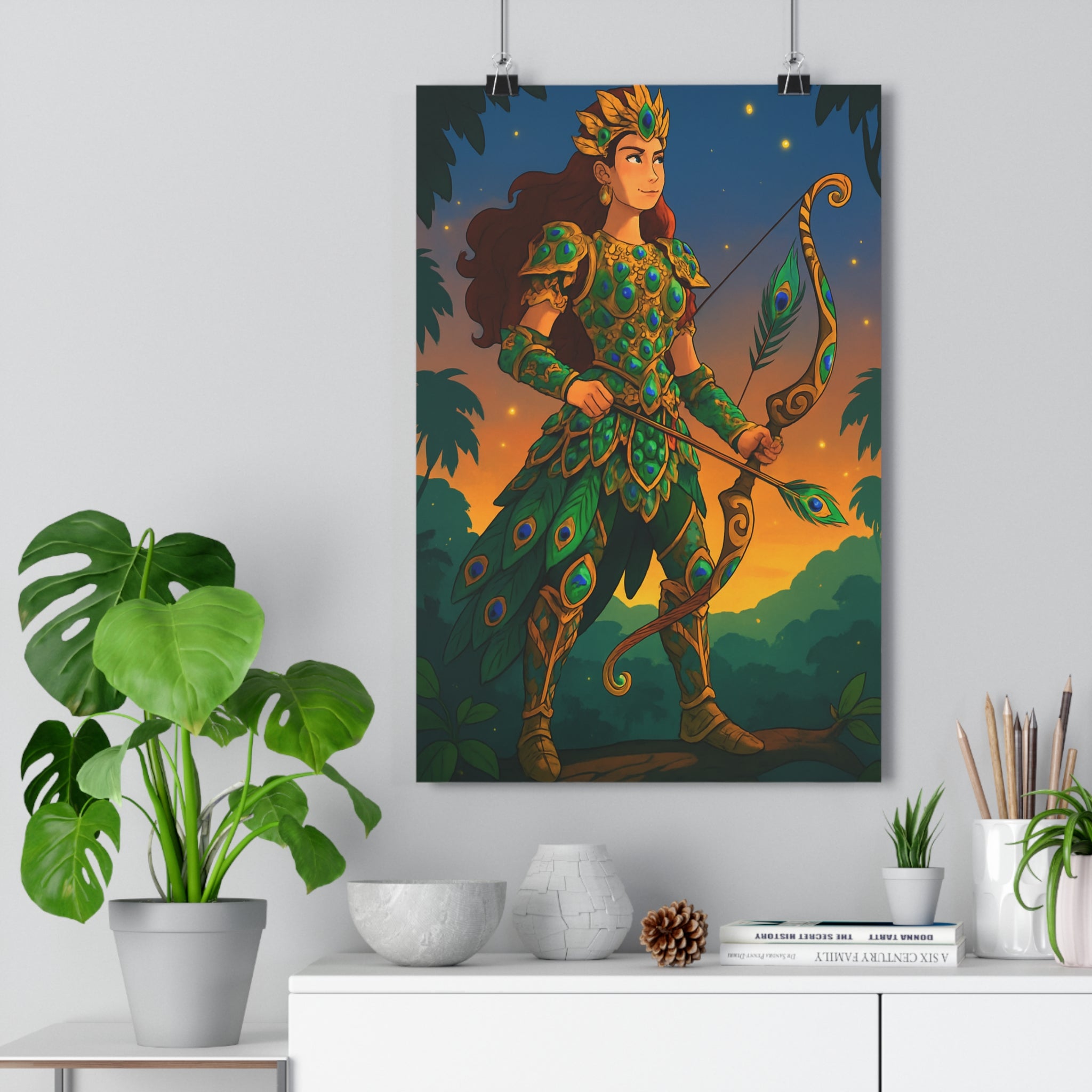 Poster décoratif amazone crépusculaire verte dorée mystique salon chambre moderne feuille armure paon qualité