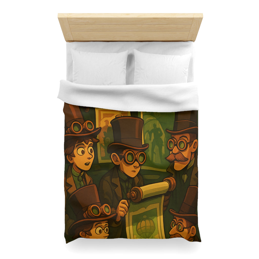 Housse de couette steampunk rétro vintage, illustration de gentlemen en chapeaux et engrenages