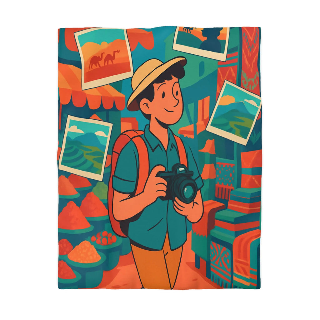 Housse de Couette Colorée avec Voyageur Photographiant un Marché Animé et Vibrant