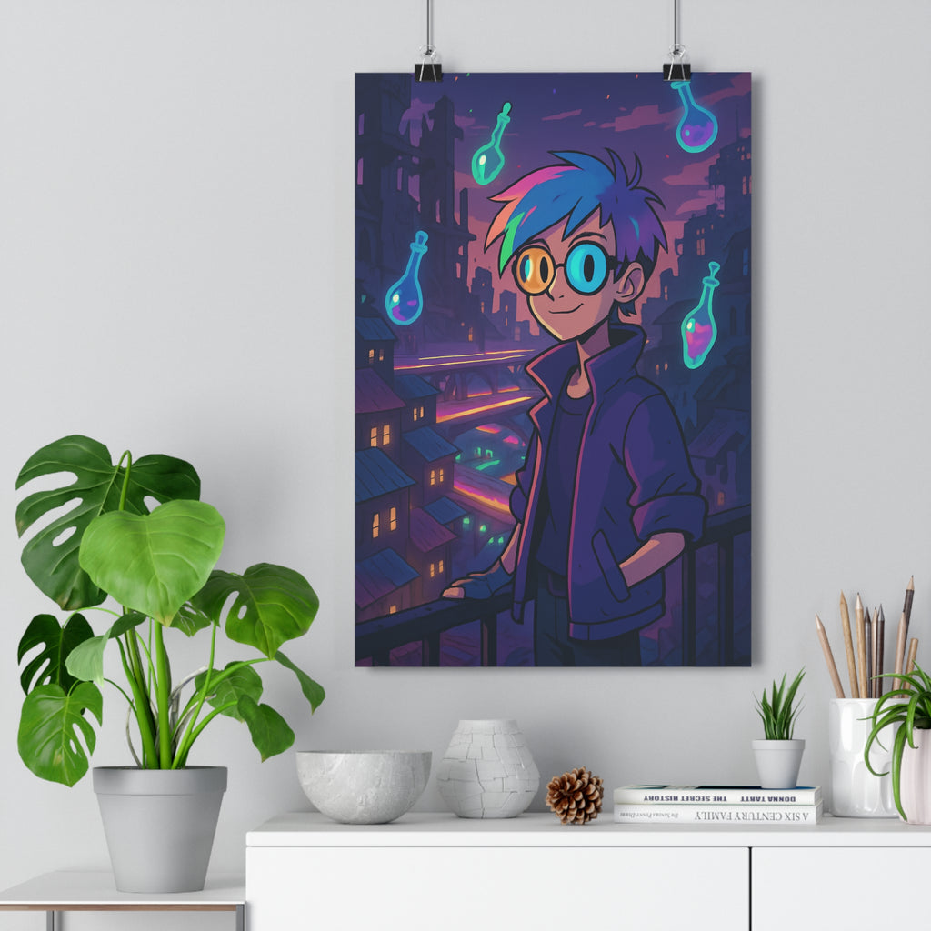Poster décoratif animé cyberfantasy coloré néons mystique chambre salon unique vibrant captivant paysage qualité