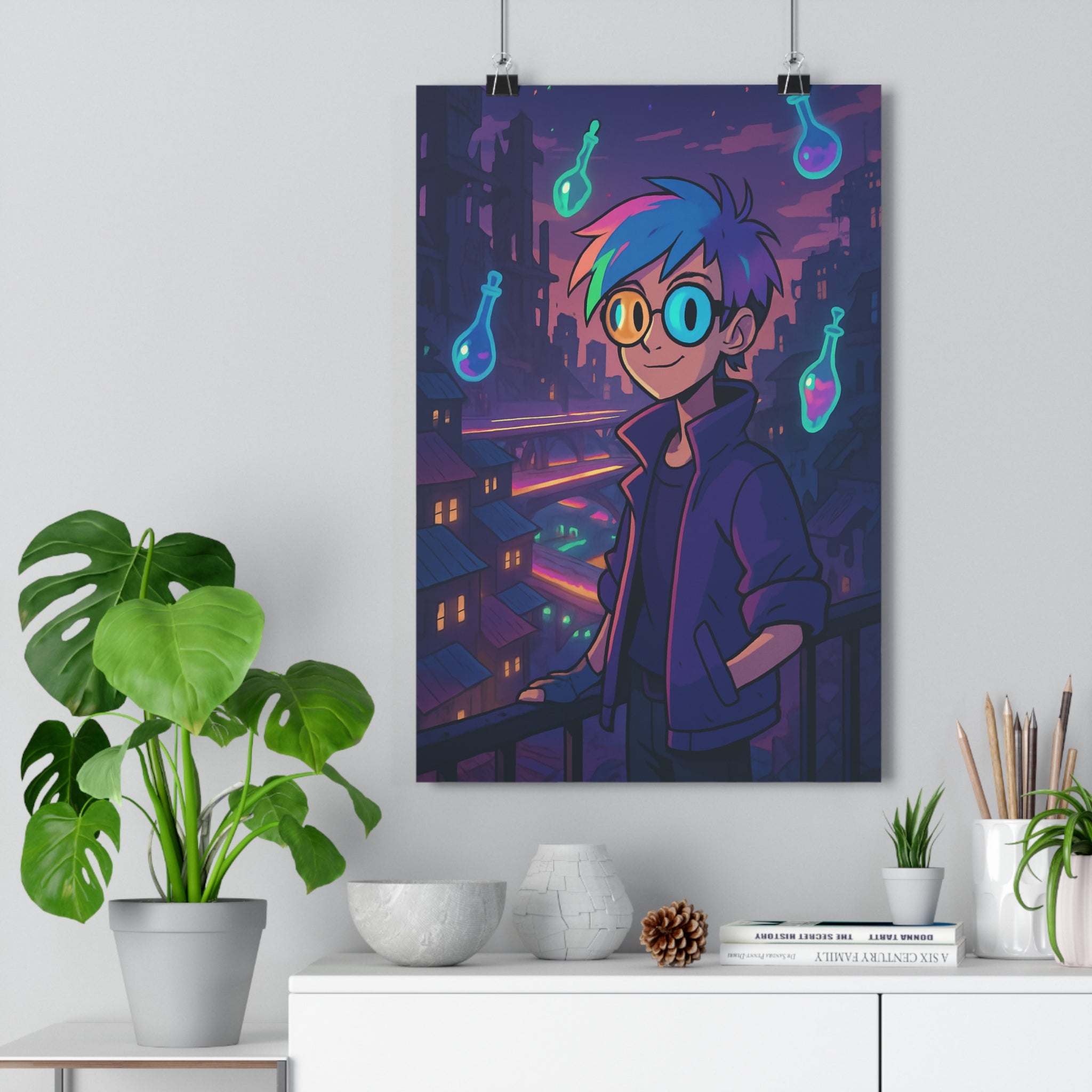 Poster décoratif animé cyberfantasy coloré néons mystique chambre salon unique vibrant captivant paysage qualité
