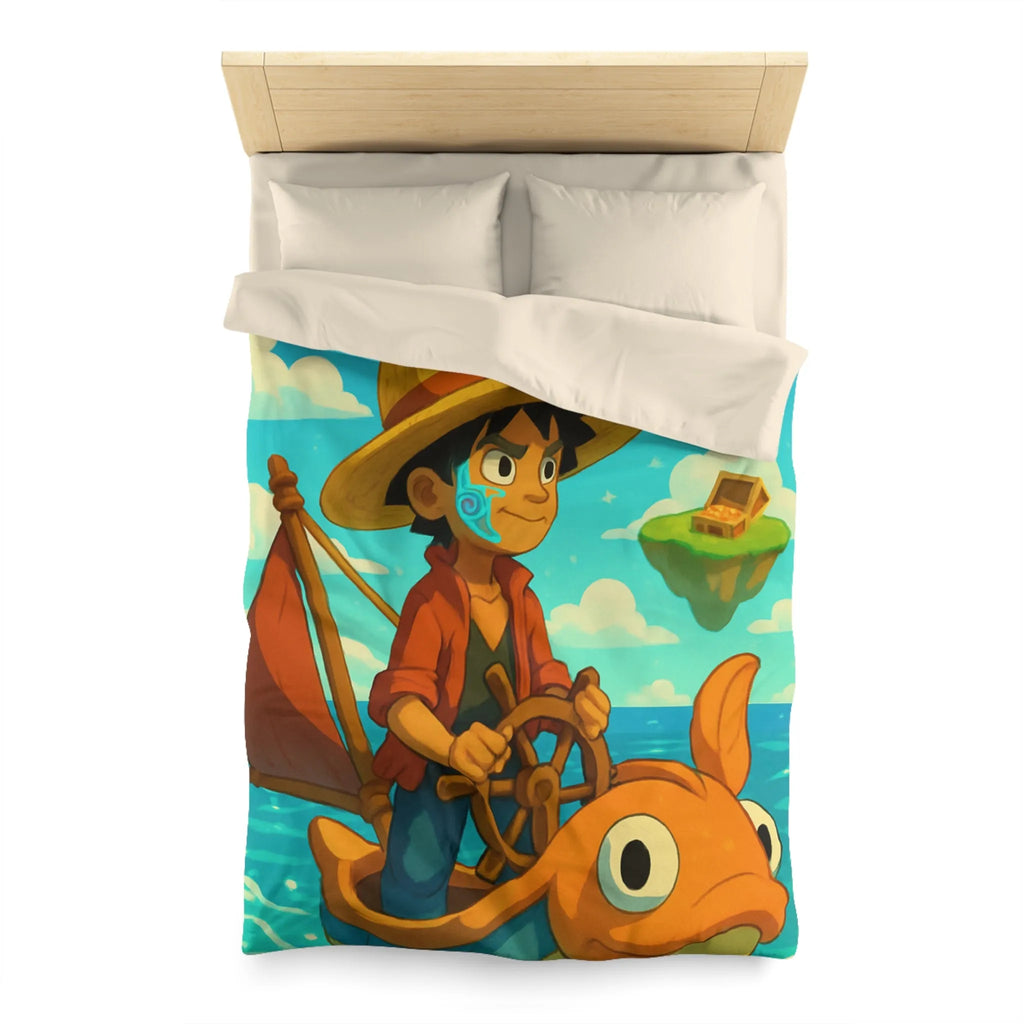 Housse de couette embarcation colorée sur océan turquoise avec îles flottantes et trésors