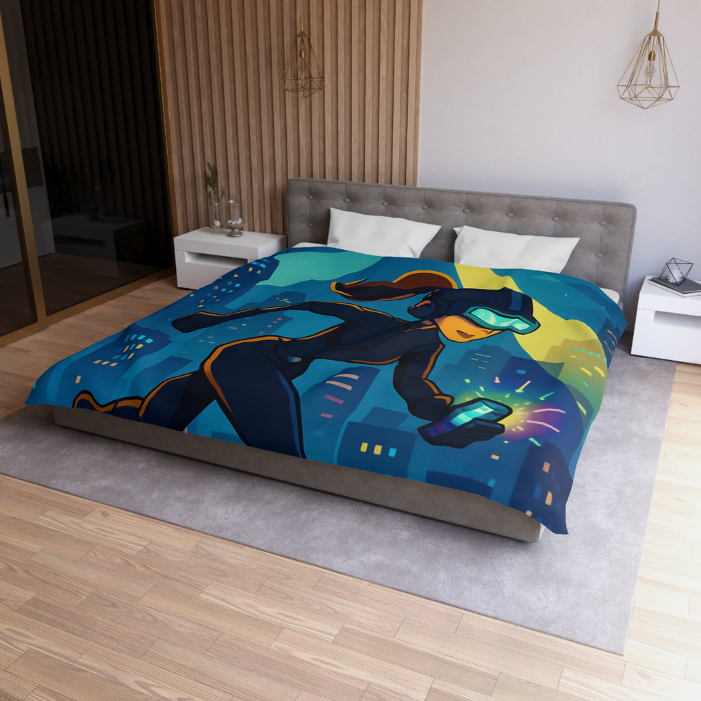 Housse de couette moderne avec motif de ville et personnage futuriste en action
