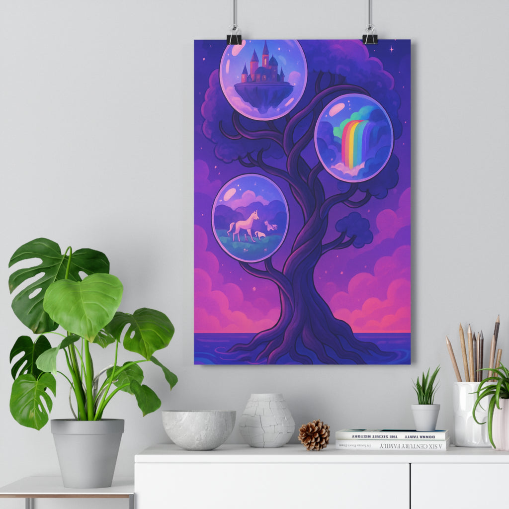 Poster décoratif surréaliste violet bleu féerique rêveur salon chambre enfant arbre magique 30x46 qualité