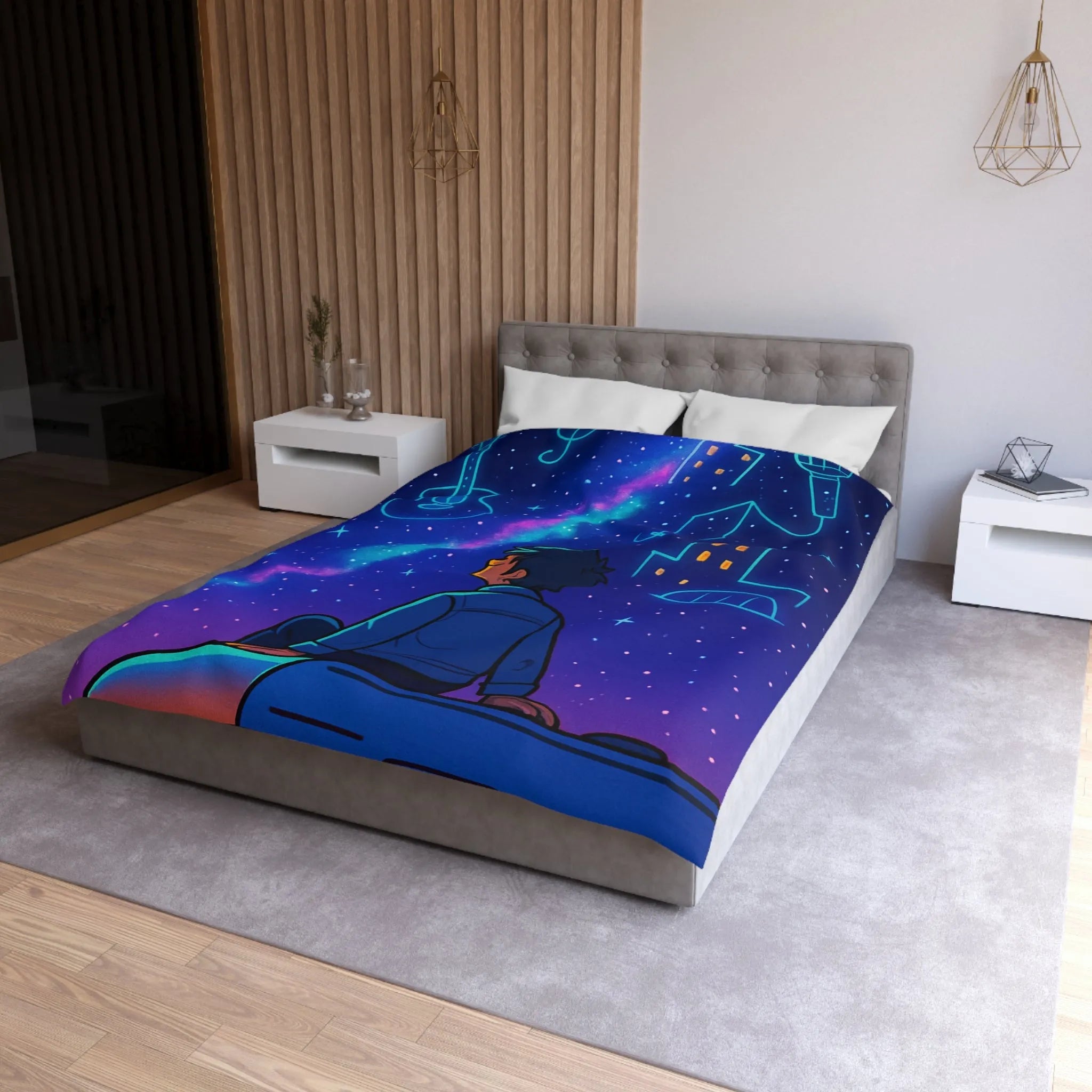 Housse de couette ciel étoilé avec rêveur contemplant silhouettes de musique et ville