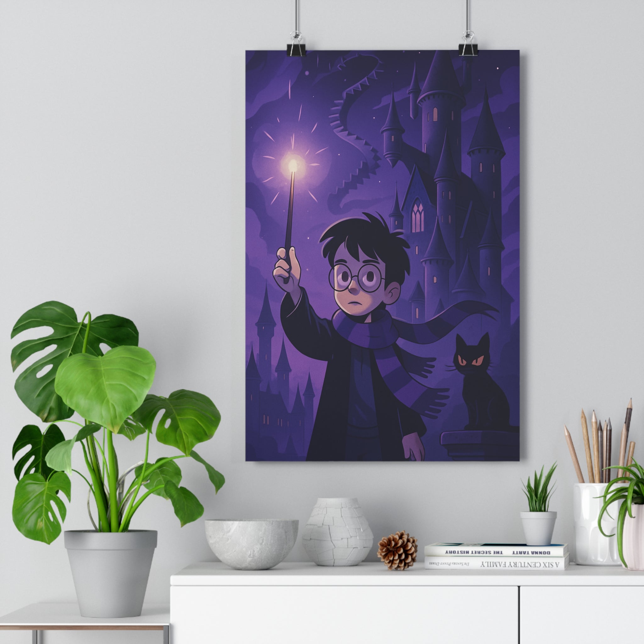Poster décoratif sorcier animé violet bleu magique mystique chambre enfant art illustration qualité premium