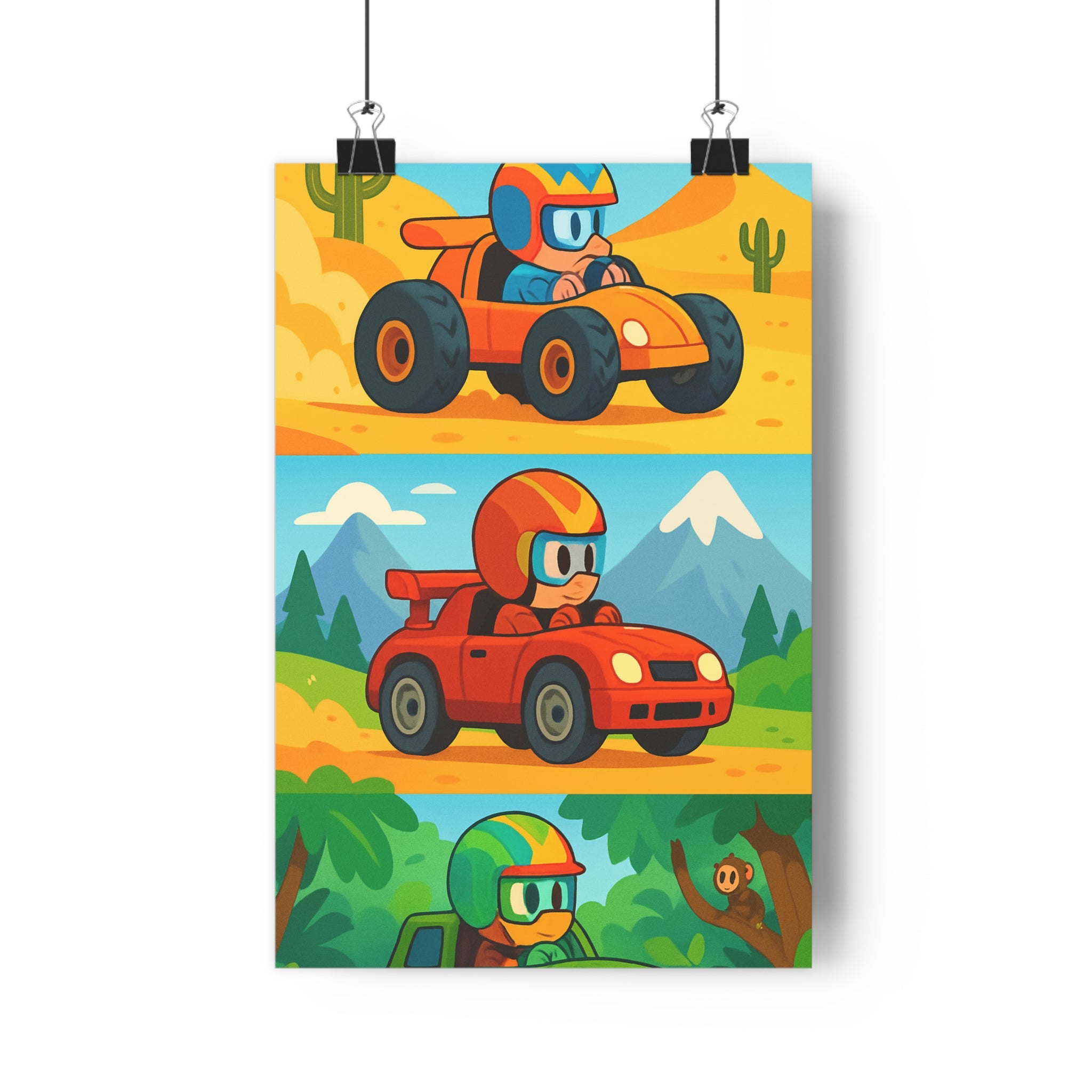 Poster décoratif aventure couleurs vives dessin animé course désert forêt montagnes chambre enfant vibrant