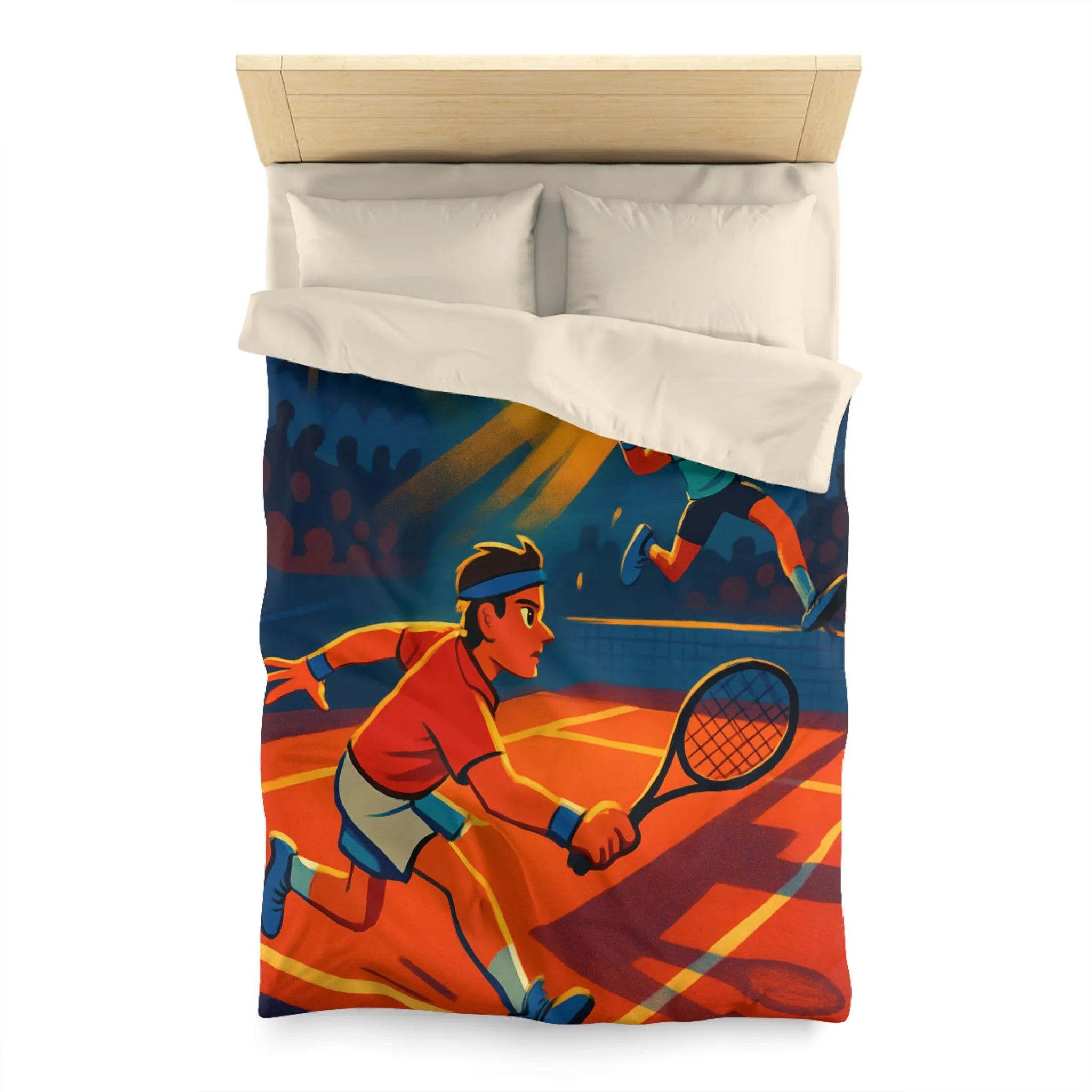 Housse de couette dynamique illustrant un match de tennis intense sous projecteurs éclatants