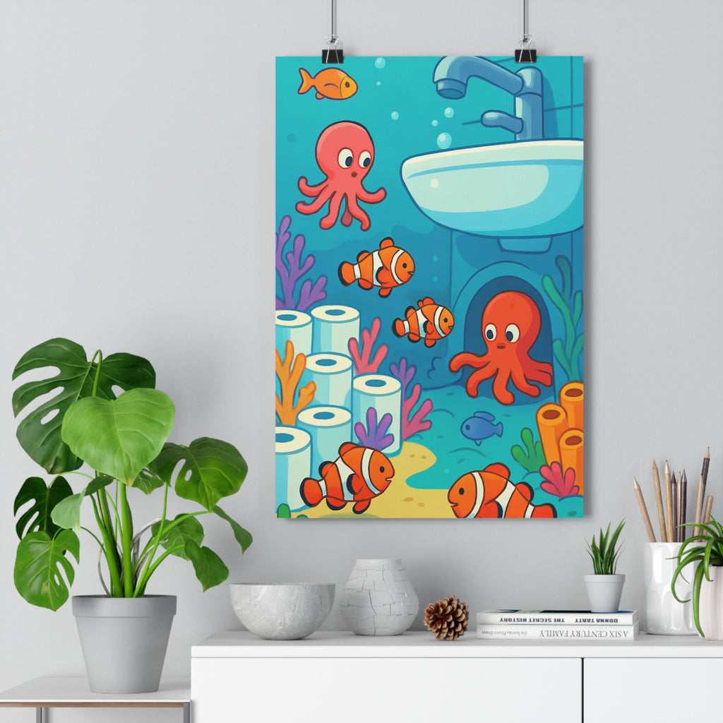 Poster décoratif amusant vibrant bleu corail cartoon scène aquatique enfants créatif coloré fantaisie unique