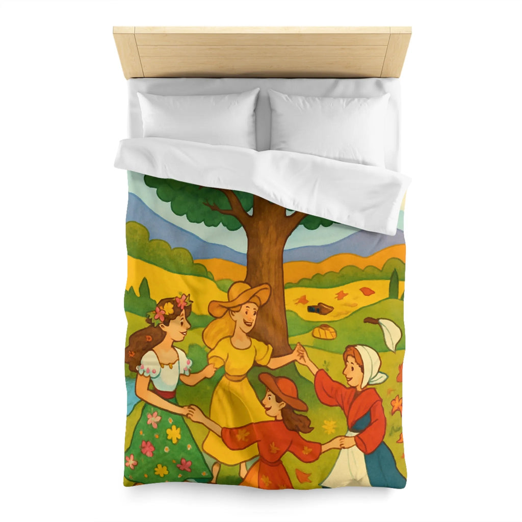 Housse de couette champêtre aux motifs de danseuses rondes et paysage bucolique coloré