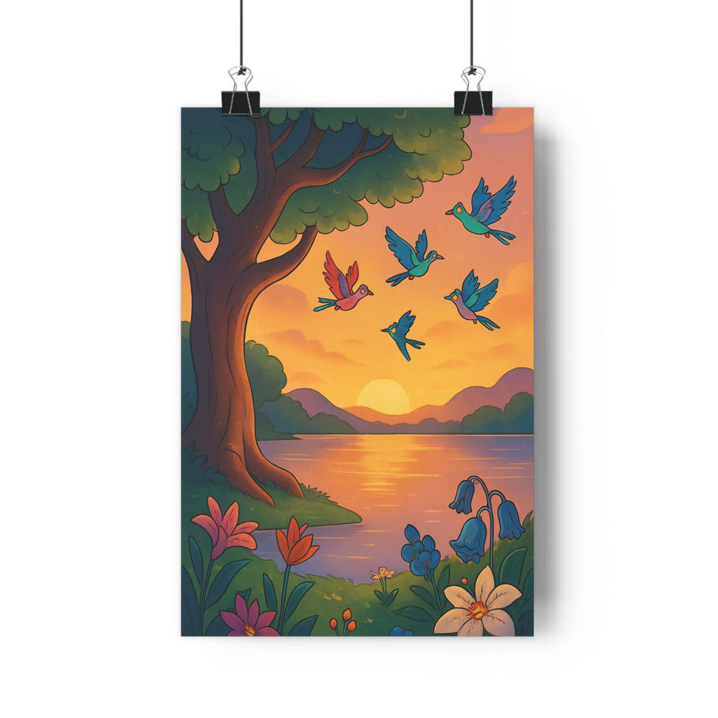 Poster décoratif anime pastel nature paysage enchanteur salon chambre bureau arbre oiseaux fleurs qualité