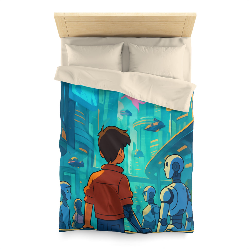 Housse de couette urbaine futuriste avec robots et affiches lumineuses pour chambre moderne