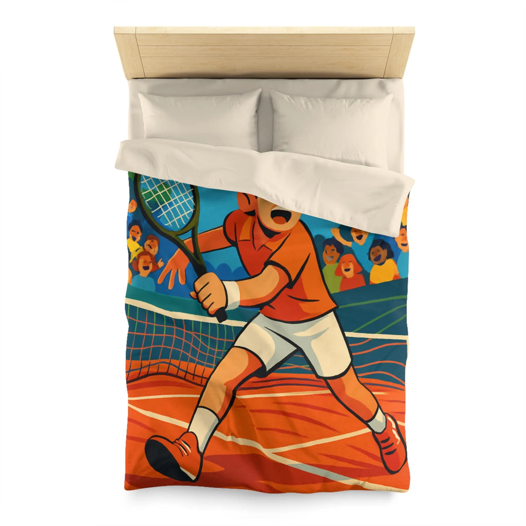 Dessin Animé Joueur de Tennis Dynamique en Action sur Court avec Public Enthousiaste