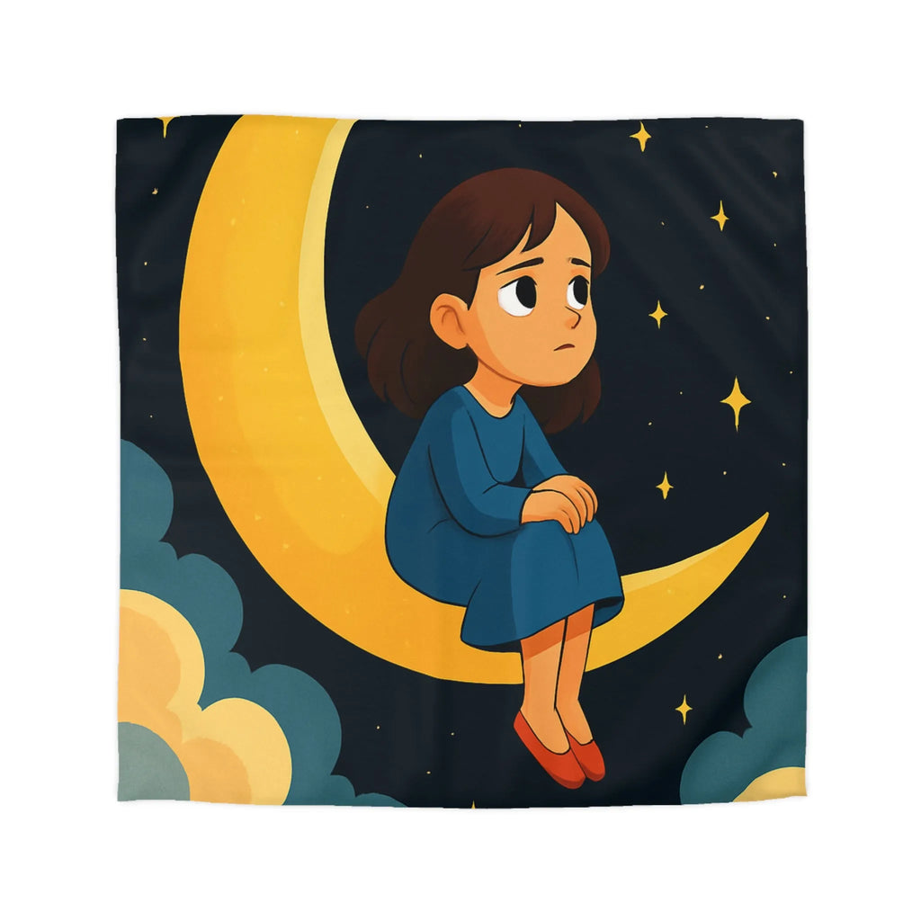 Housse de couette avec lune jaune, ciel étoilé et fille pensive en bleu