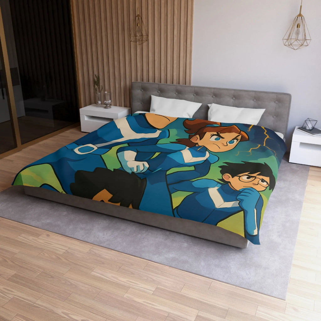 Housse de couette aventure : personnages animés et ciel orageux captivant pour chambre dynamique