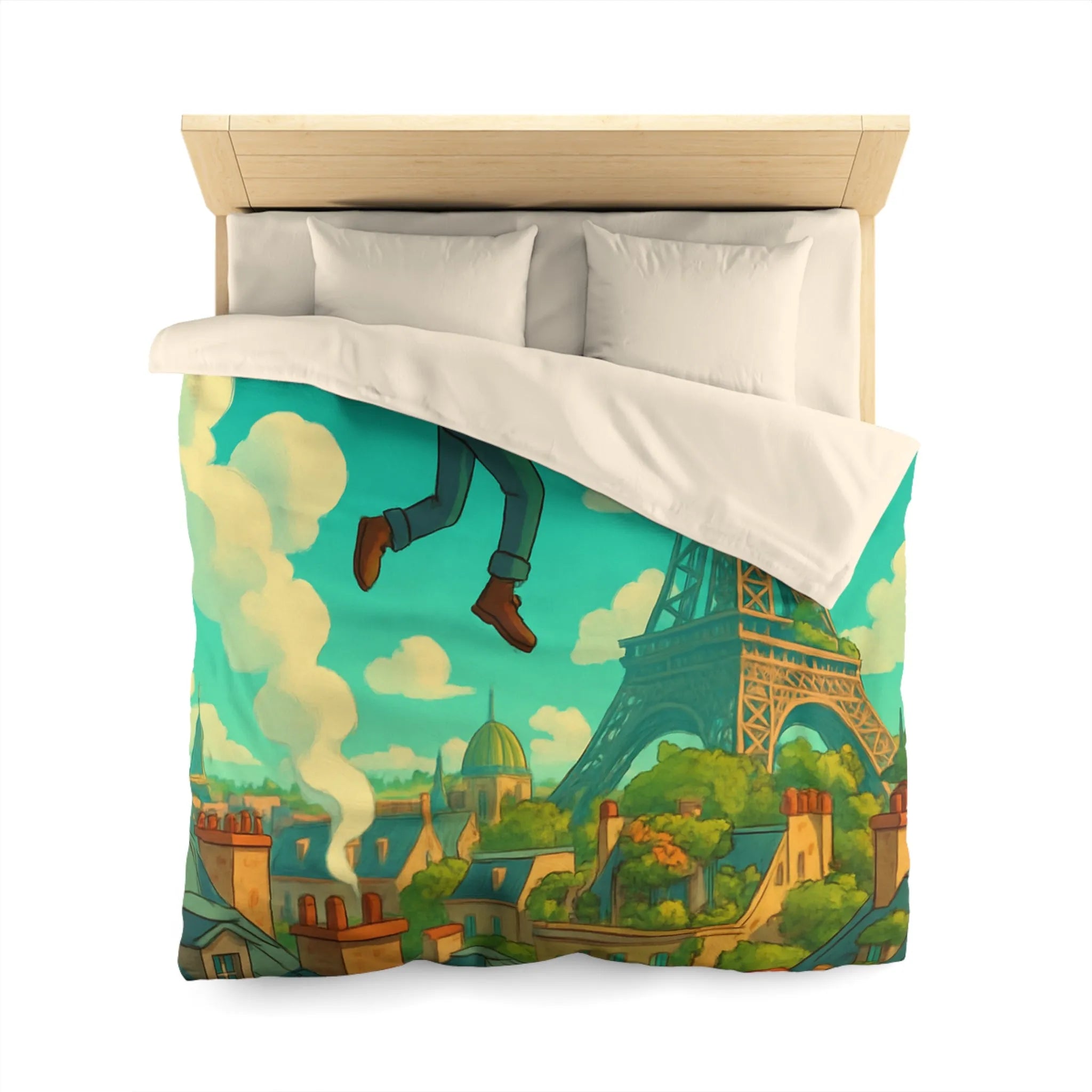 Enchanted Parisian Flight: Kid Floating Above Cityscape with Umbrella and Backpack