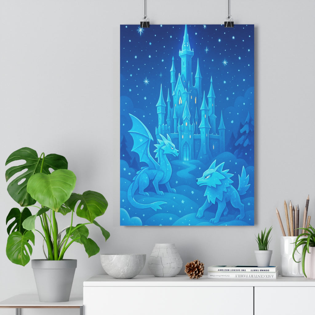 Poster décoratif féerique bleu glace cartoon magique dragon loup chambre enfant château paysage enchanté