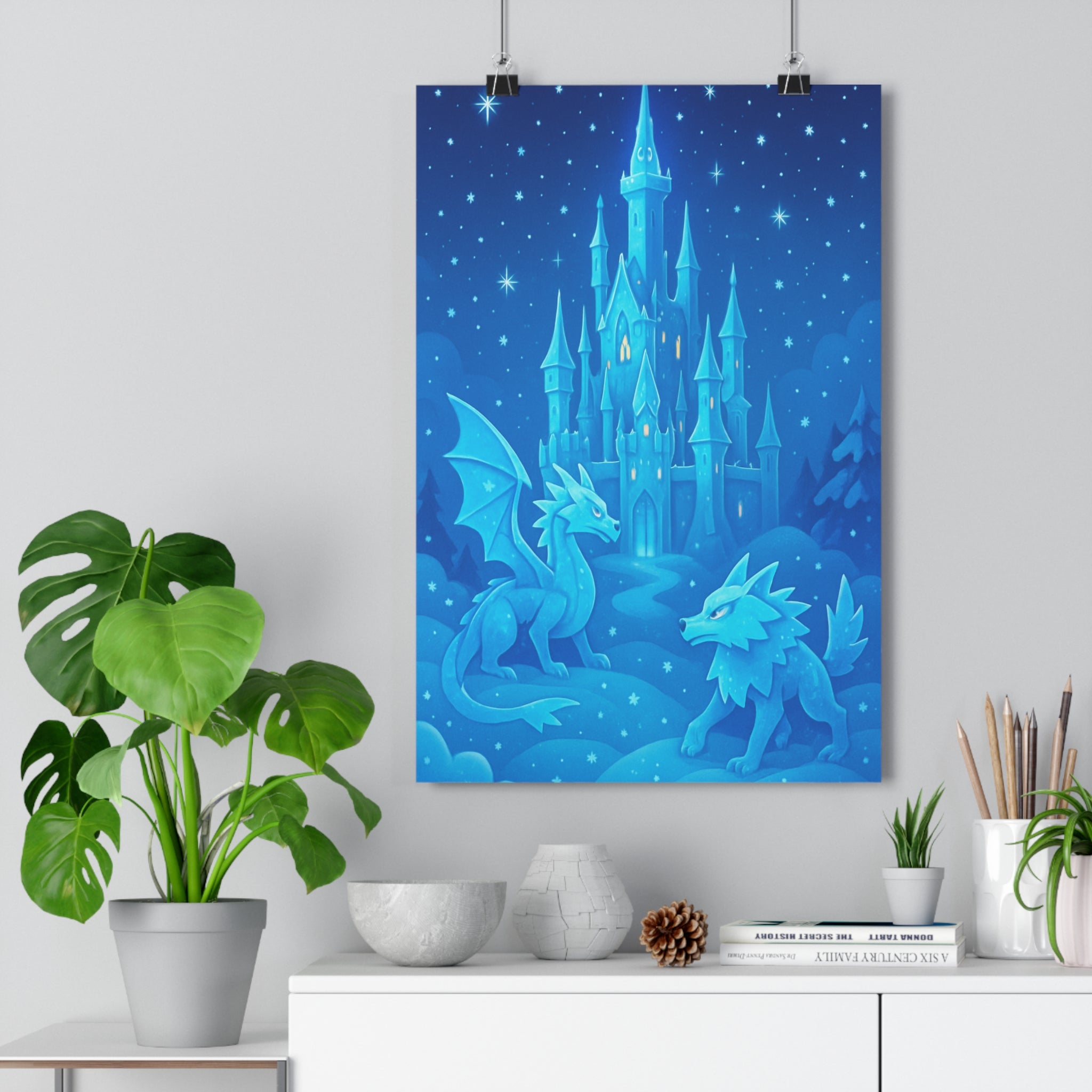 Poster décoratif féerique bleu glace cartoon magique dragon loup chambre enfant château paysage enchanté