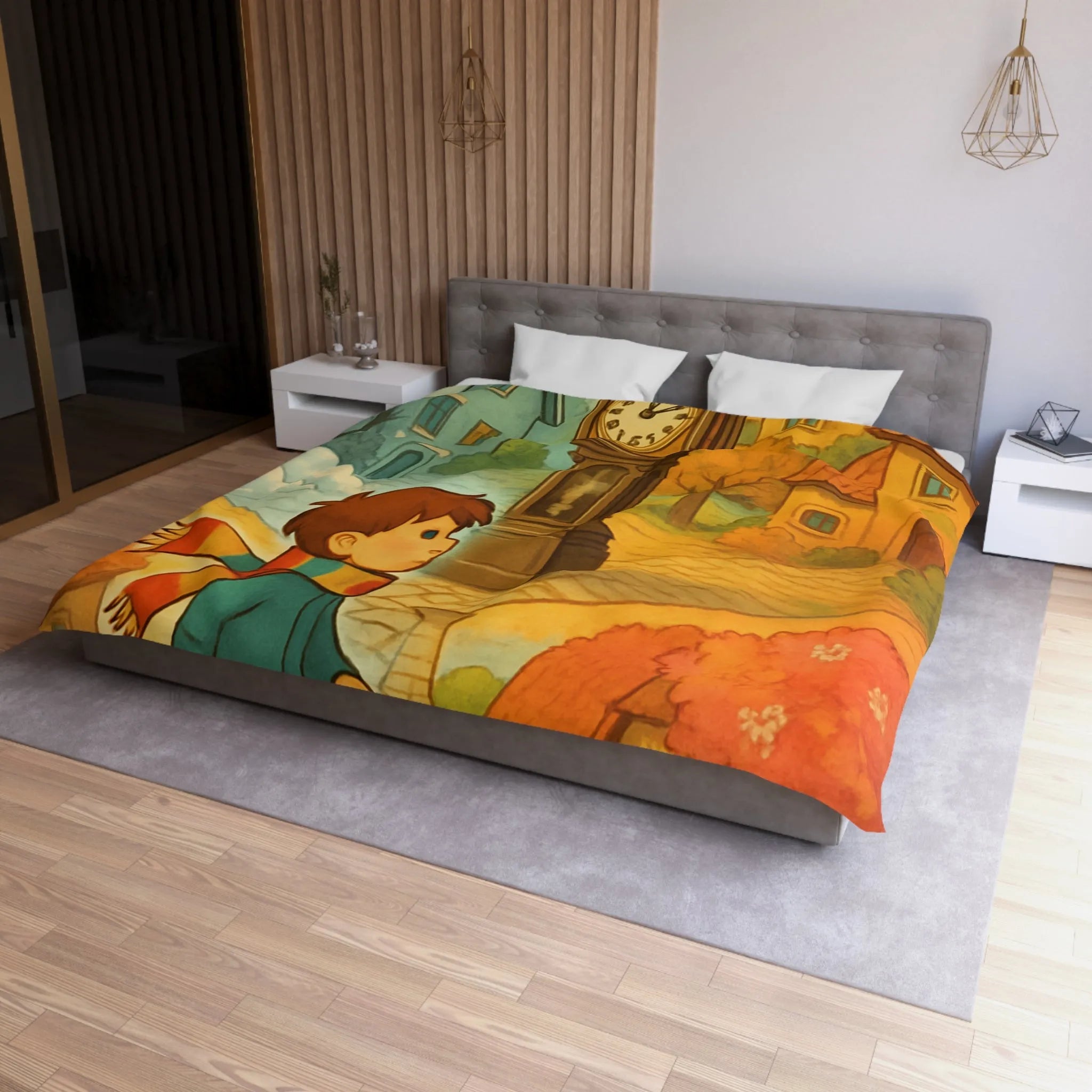 Housse de Couette Enfant Colorée avec Scène Enchanteresse de Village et Horloge Fantaisiste