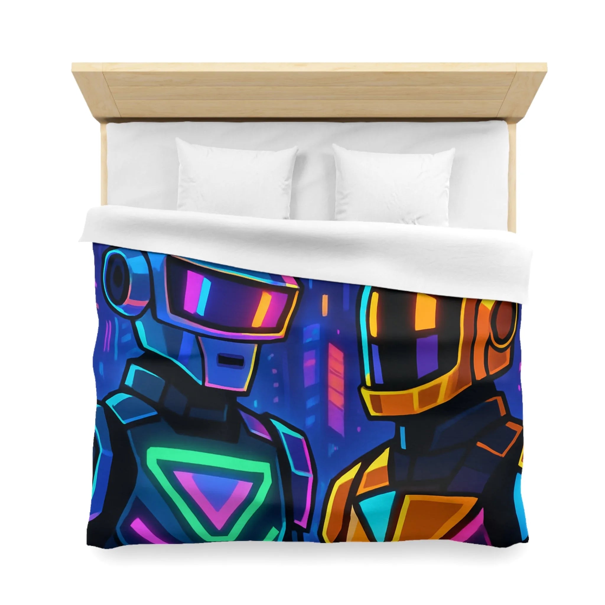 Housse de couette cyber thématique avec robots néons dans une ville futuriste colorée