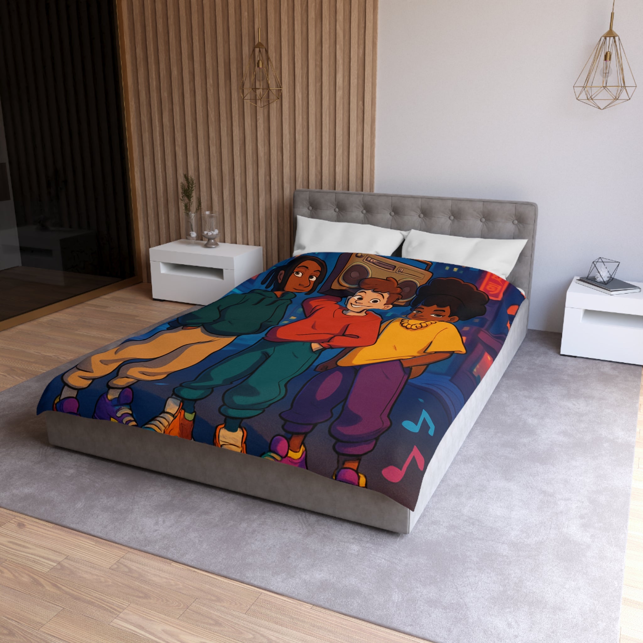 Housse de couette urbaine colorée avec adolescents et radio cassette dans la rue nocturne