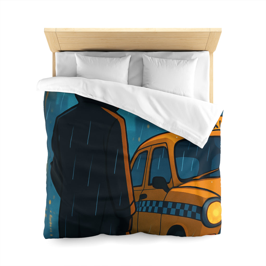 Mystérieux Homme En Imper Parapluie Noir Attendant Taxi Jaune Sous Pluie Urbaine Nocturne