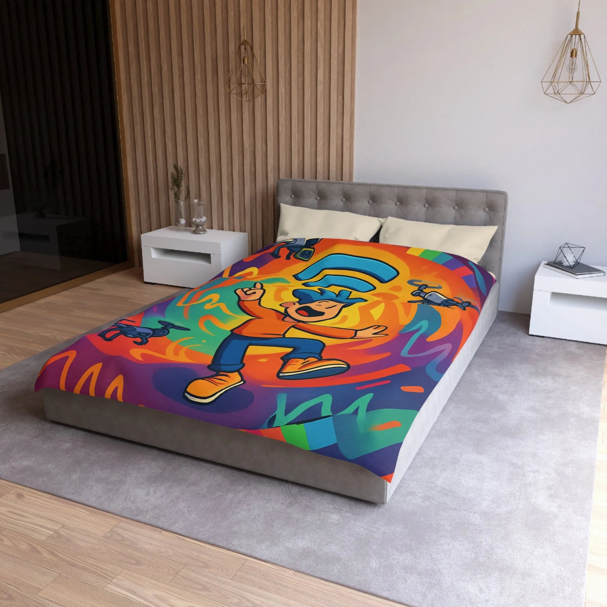 Housse de couette colorée avec personnage joyeux et drones volants autour des ondes