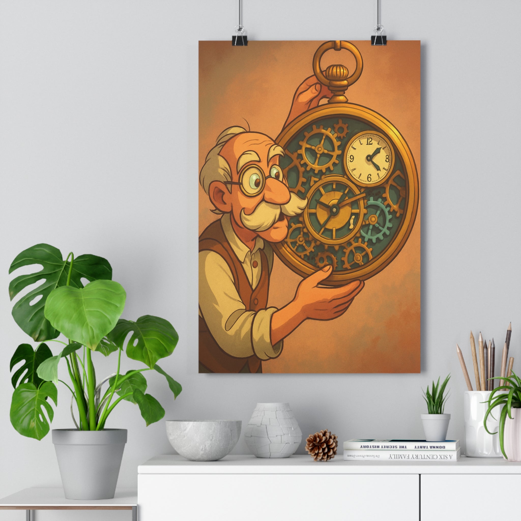 Poster décoratif vintage rétrocartoon doré bleu steampunk nostalgique salon bureau format 30x46 élégant qualité