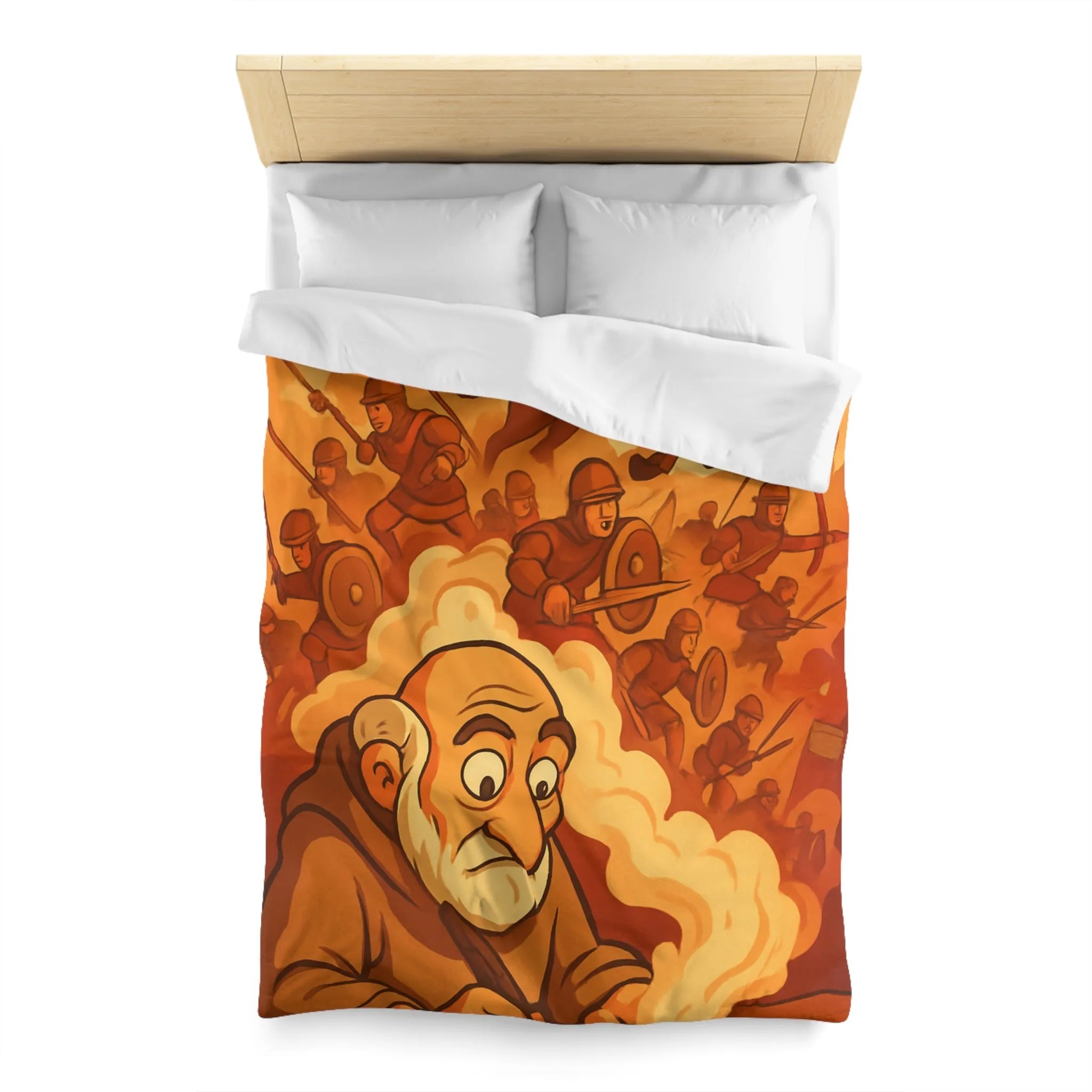 Housse de couette médiévale avec illustration de chevalier et moine en écriture créative