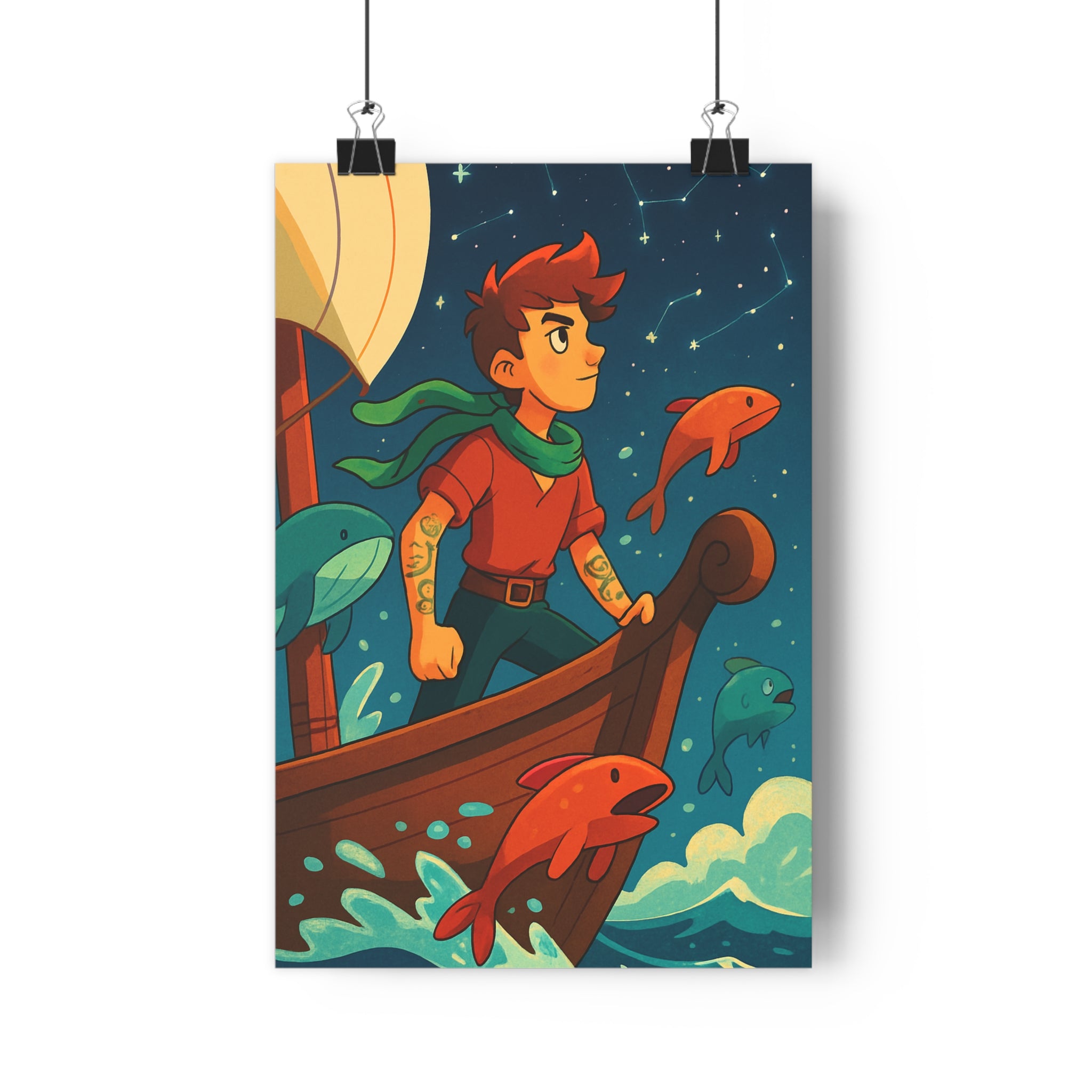 Poster décoratif fantaisie pastel naviguant aventure ciel étoilé enfant chambre bureau 30x46 cm qualité