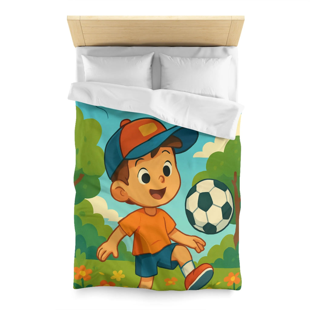 Housse de Couette Enfantine avec Garçon Jouant au Football Sous Soleil et Ballons