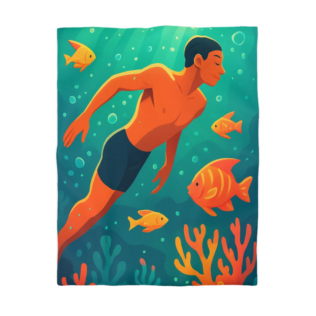 Housse de couette avec motif nageur et poissons tropicaux vifs pour chambre apaisante