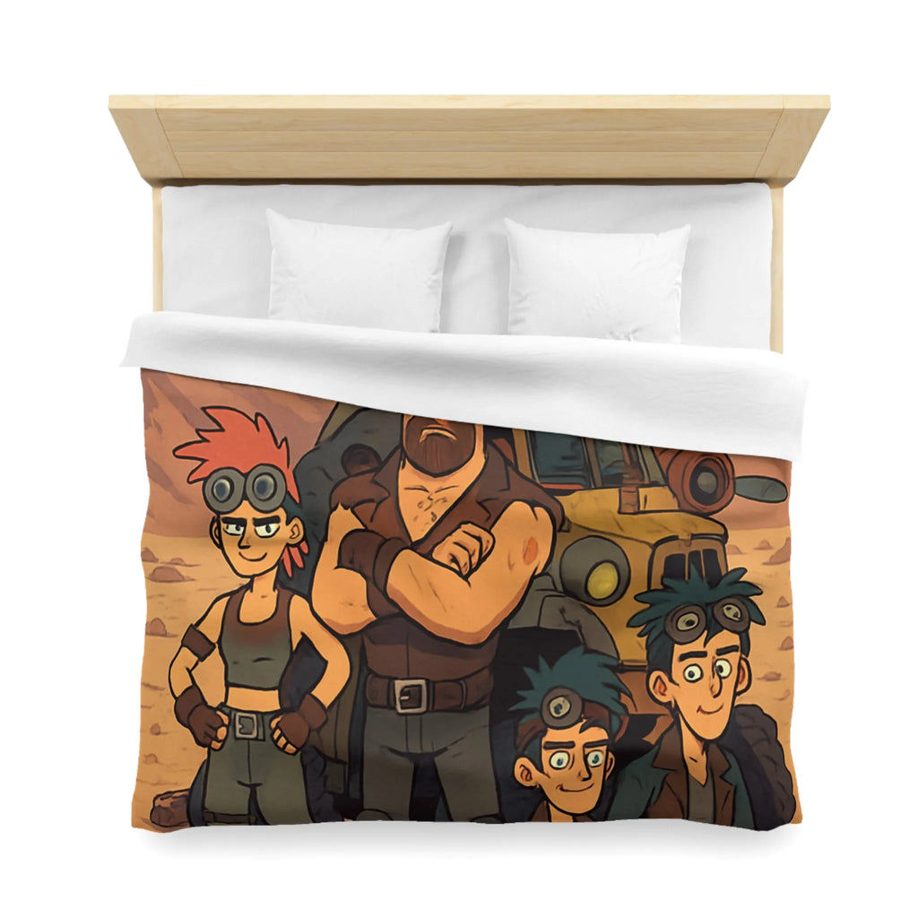 Housse de couette aventure désertique avec personnages et véhicule, style post-apocalyptique