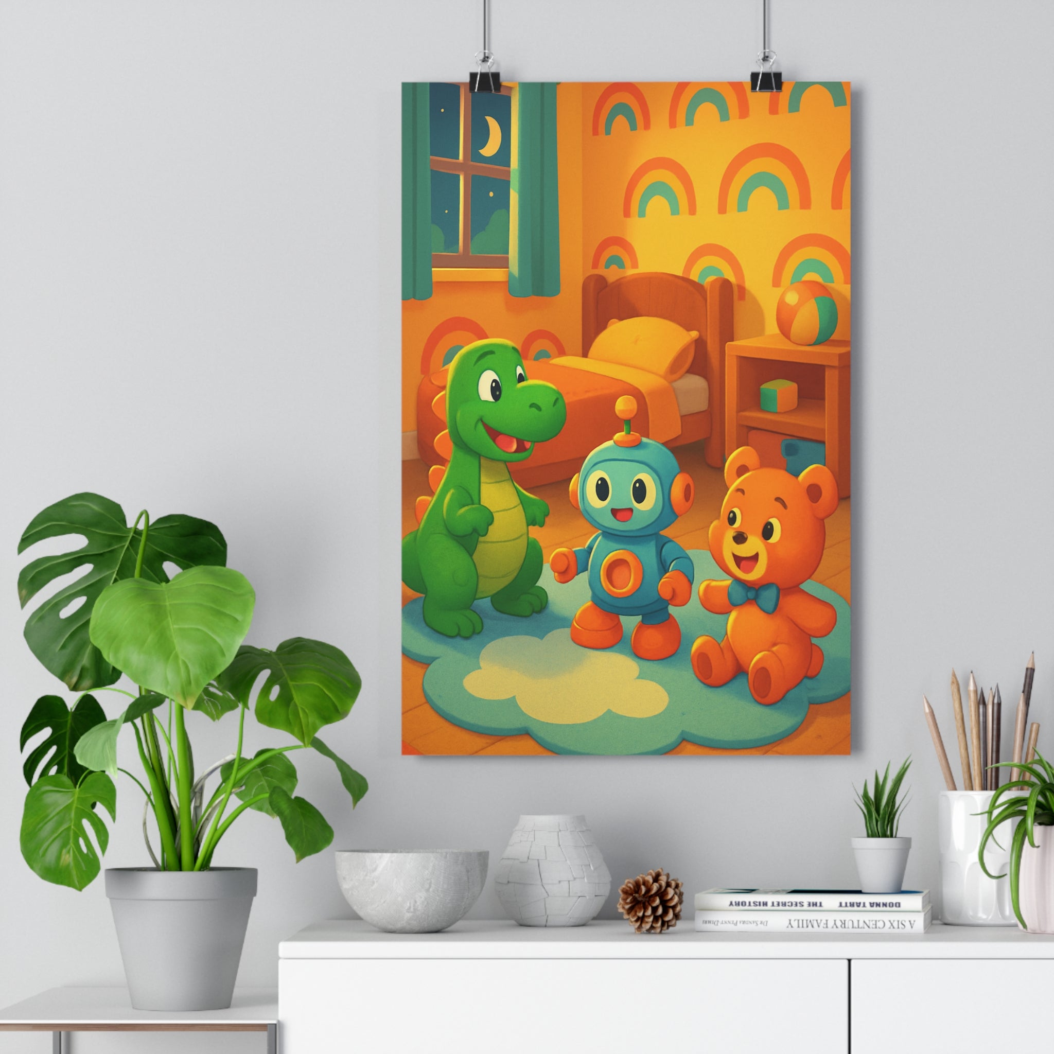Poster décoratif coloré dessin animé dinosaure vert robot bleu enfant chambre joyeuse arcenciel qualité