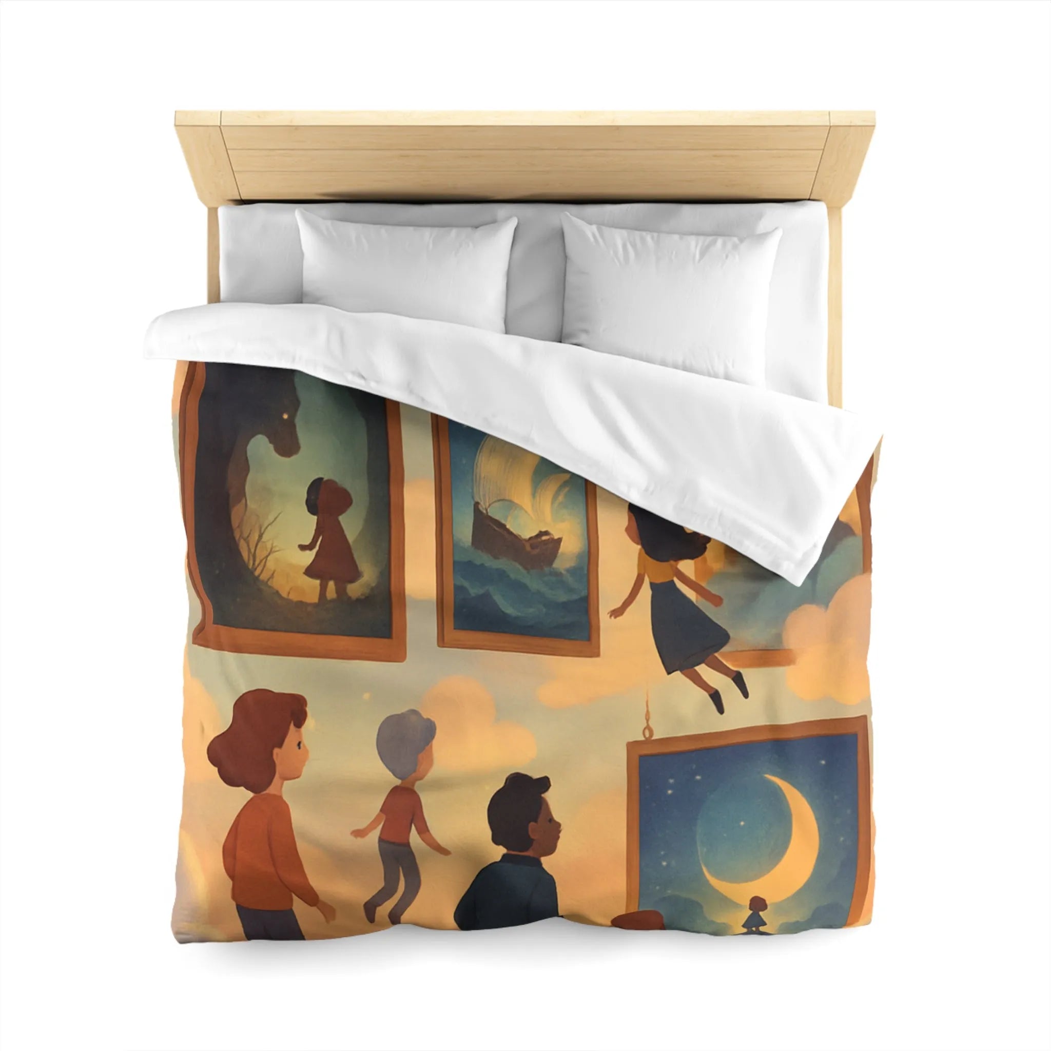 Housse de couette avec enfants volant parmi des tableaux de contes et de rêves