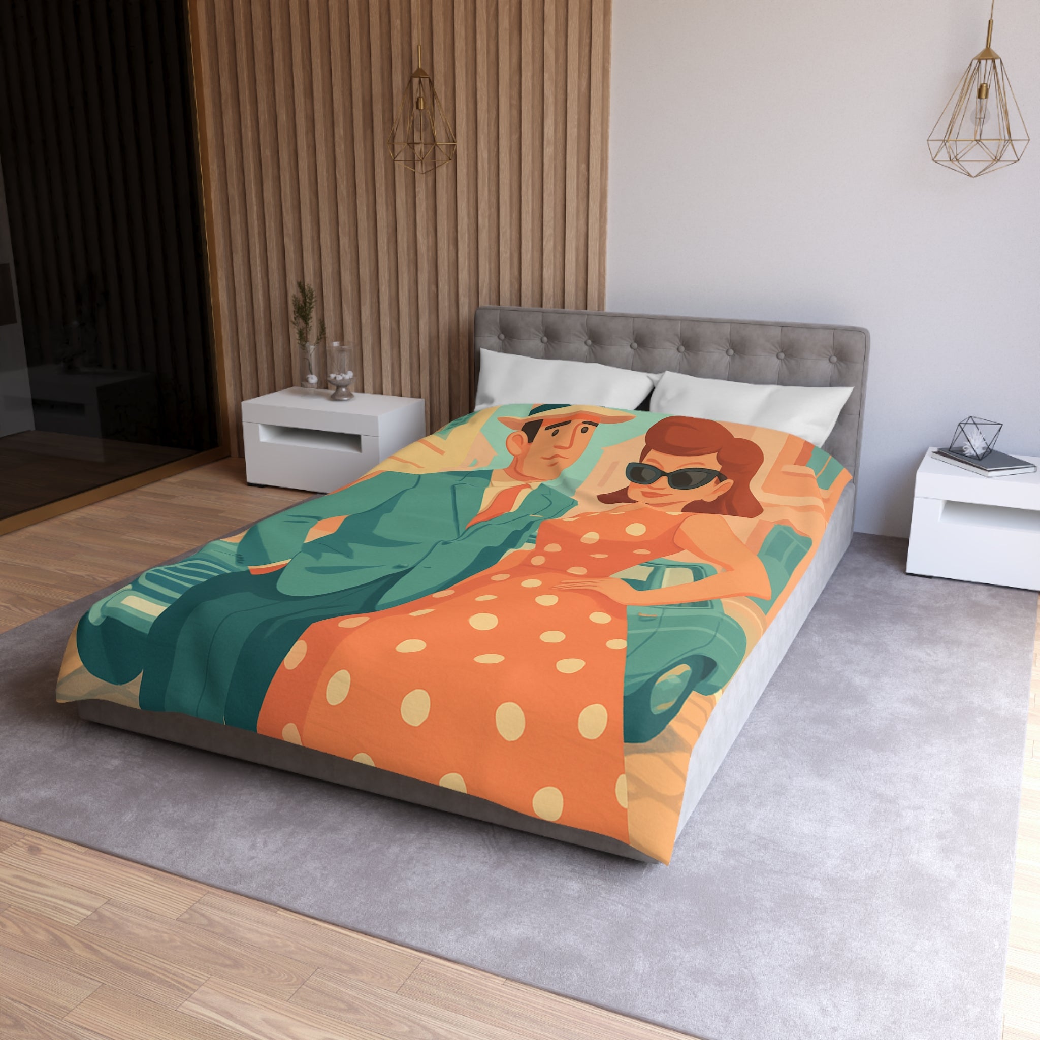 Housse de couette vintage rétro avec couple élégant en habits années 50 chic