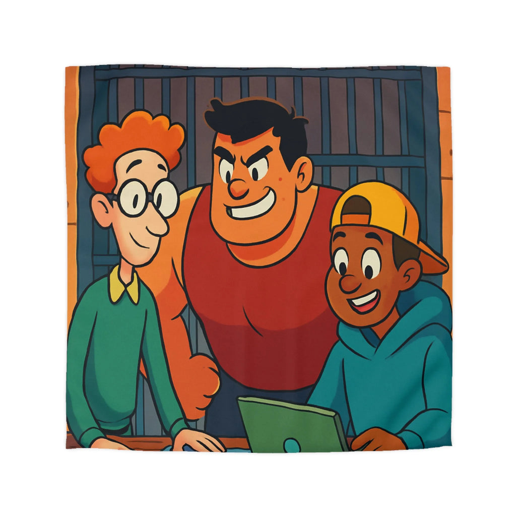 Housse de couette colorée avec plan et personnages animés souriants en arrière-plan