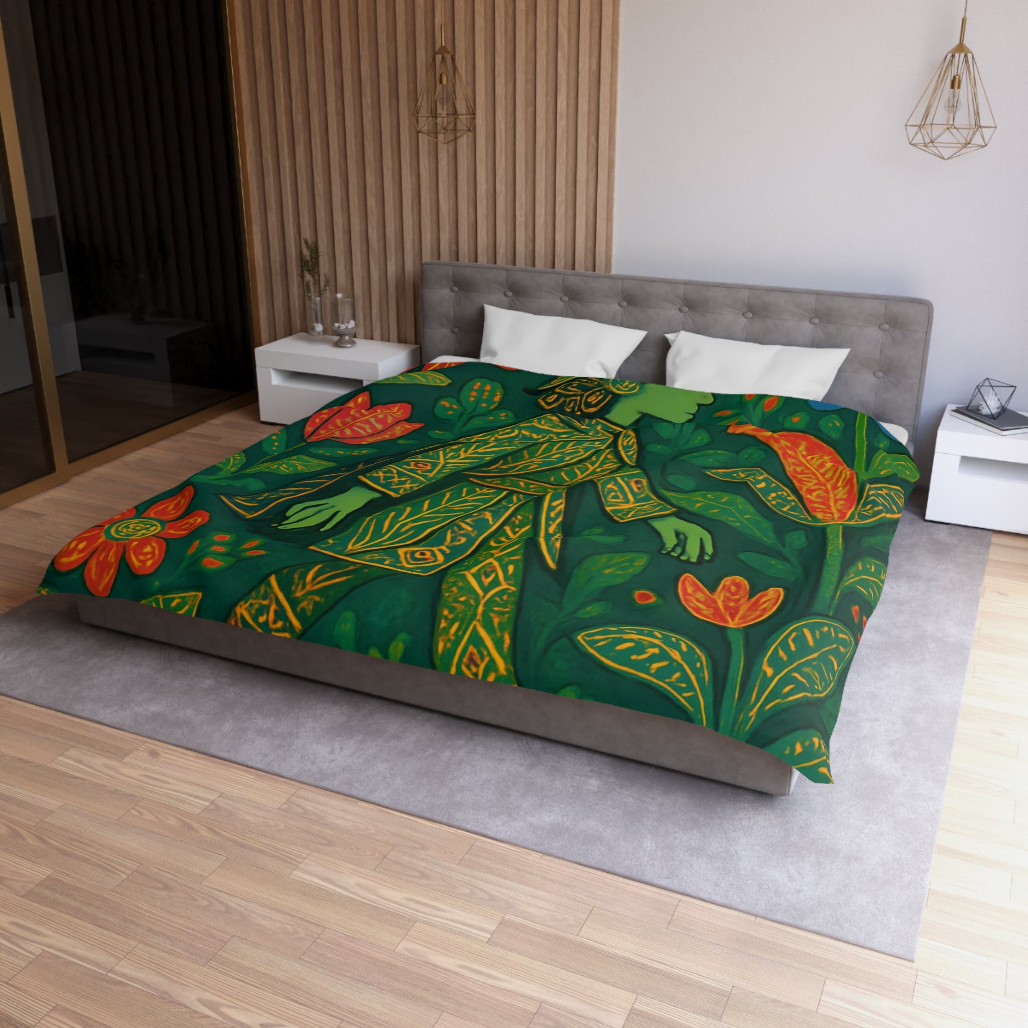 Housse de couette vibrante avec motif botanique et personnage en marche serein