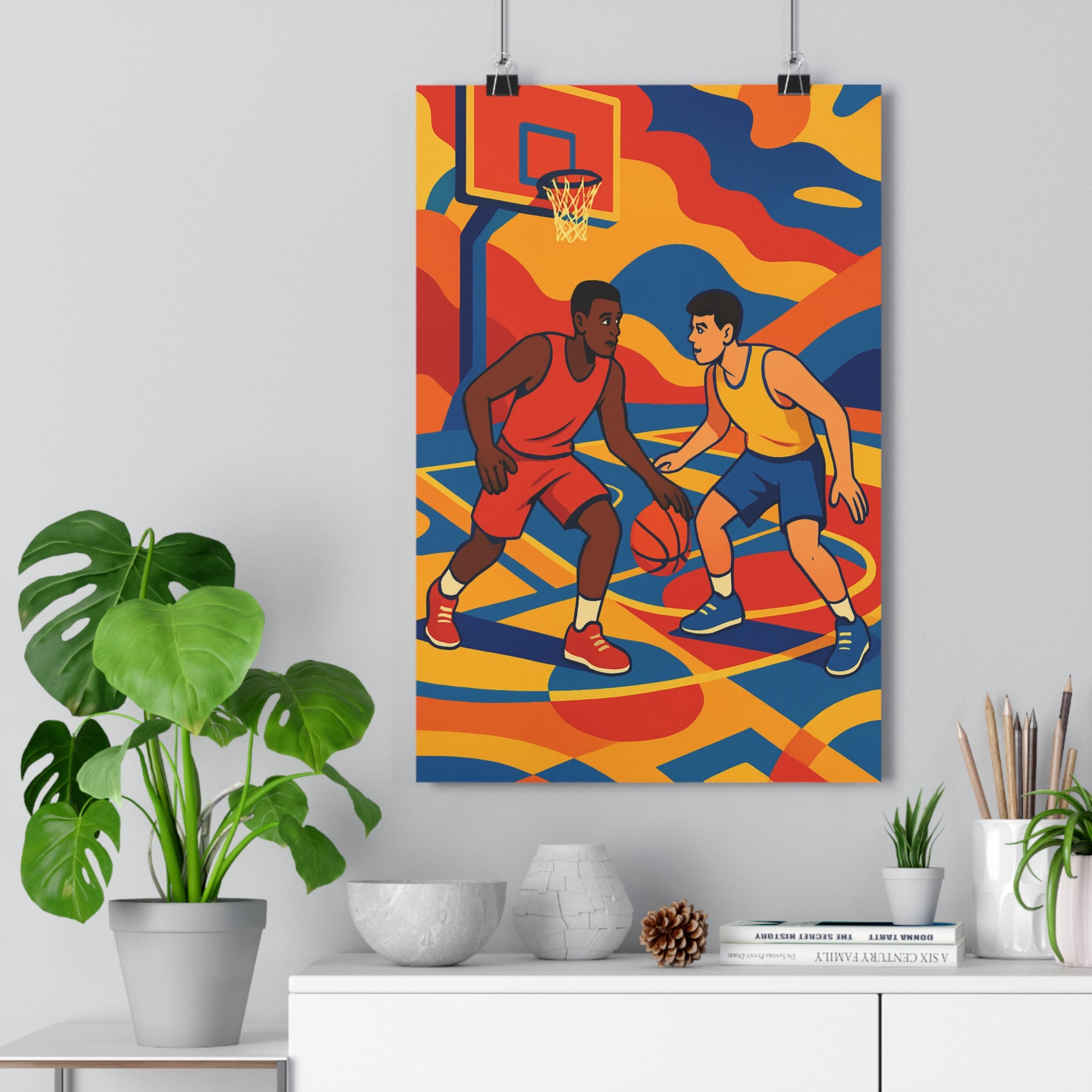 Poster décoratif basket coloré rouge jaune dynamique chambre enfant surréaliste dessin animé qualité 30x46