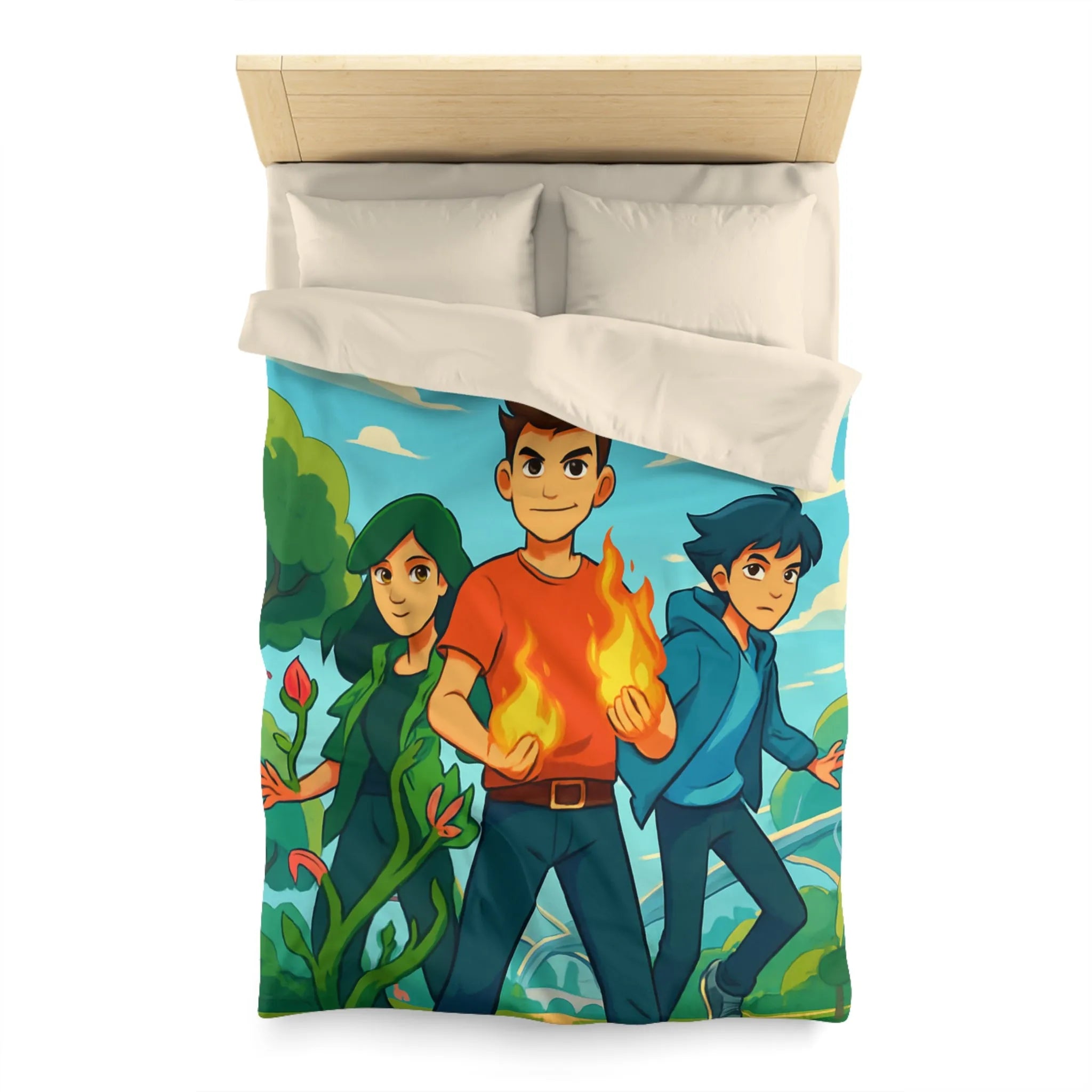 Housse de couette aventure jeune héros, nature et futur avec drones volants