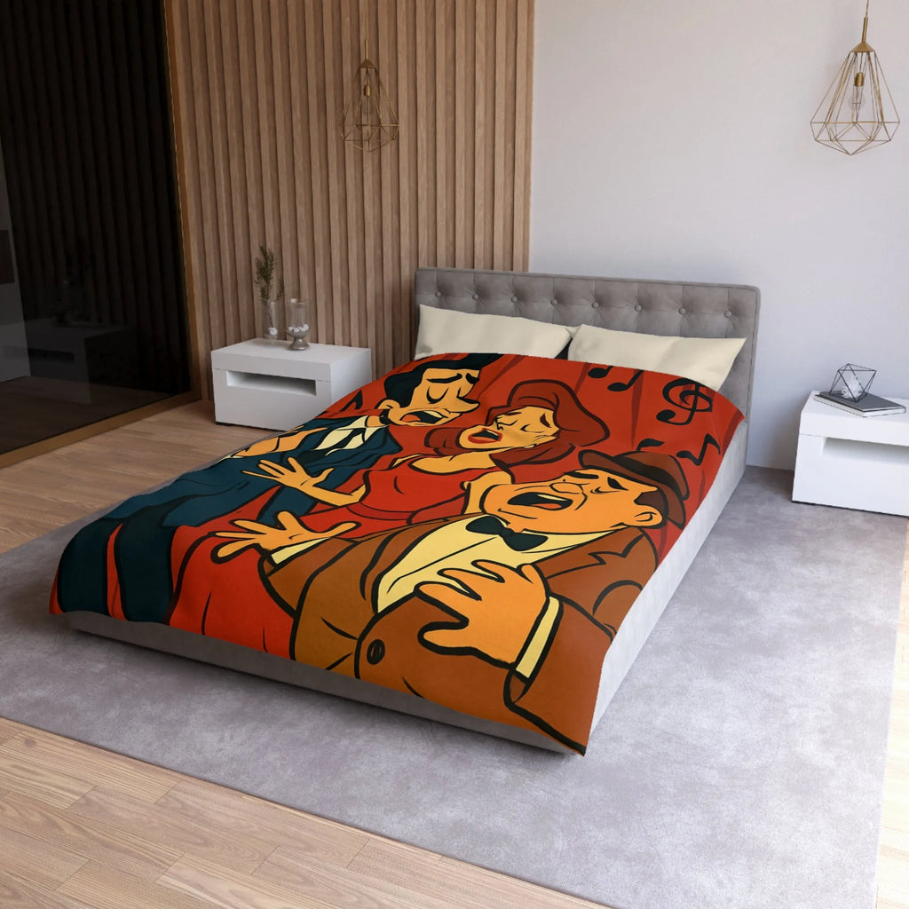 Ensemble vocal vintage animé exubérant, scène musicale rétro avec fond rouge et notes