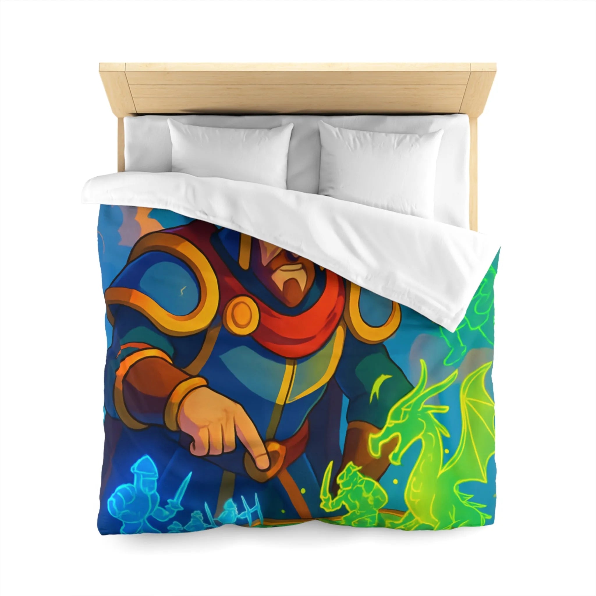 Housse de couette épique guerriers médiévaux et dragon sur plateau de jeu fantastique