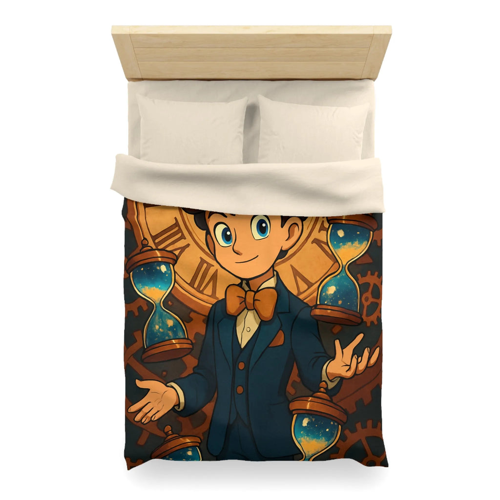 Élégante housse de couette thème horloger avec personnage stylisé et sabliers dorés
