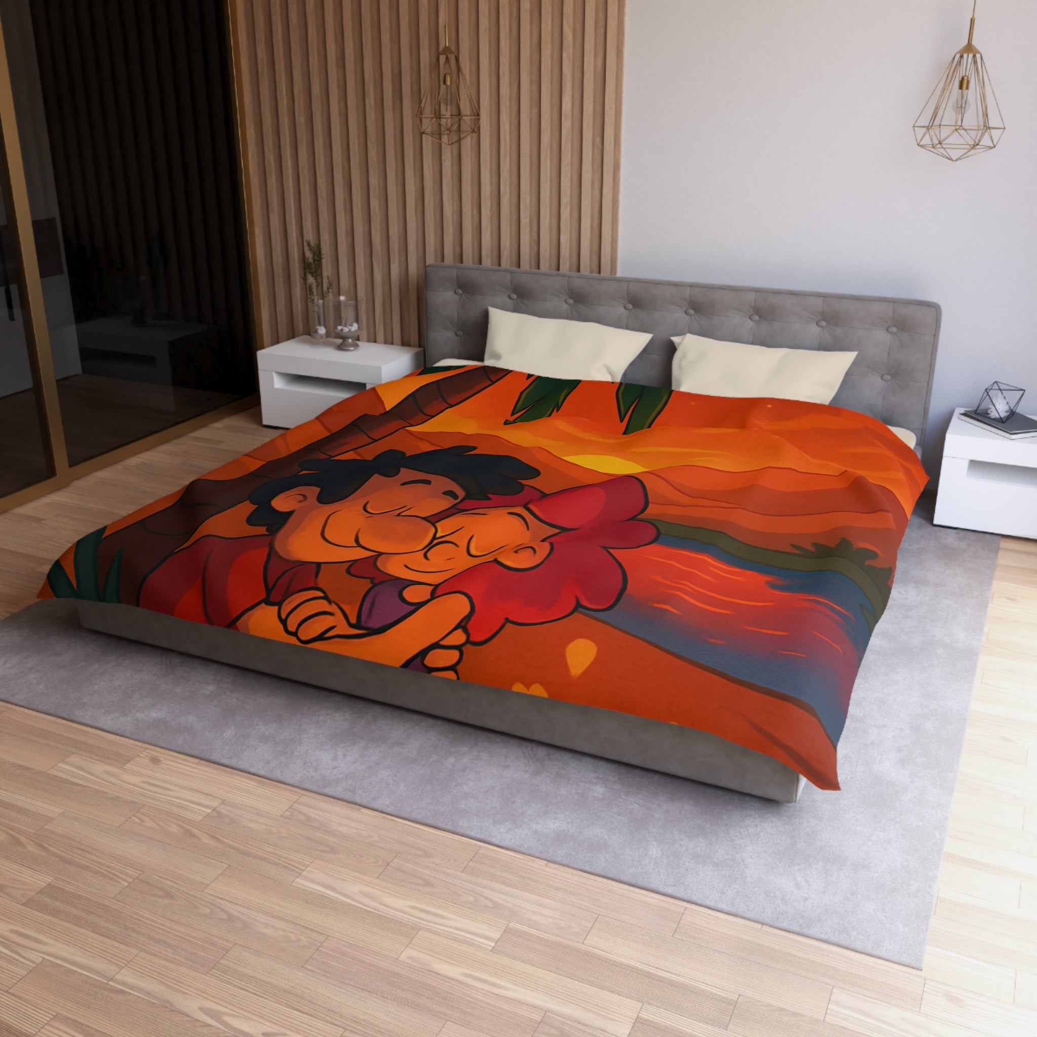 Housse de couette romantique avec couple câlin et coucher de soleil magique désertique