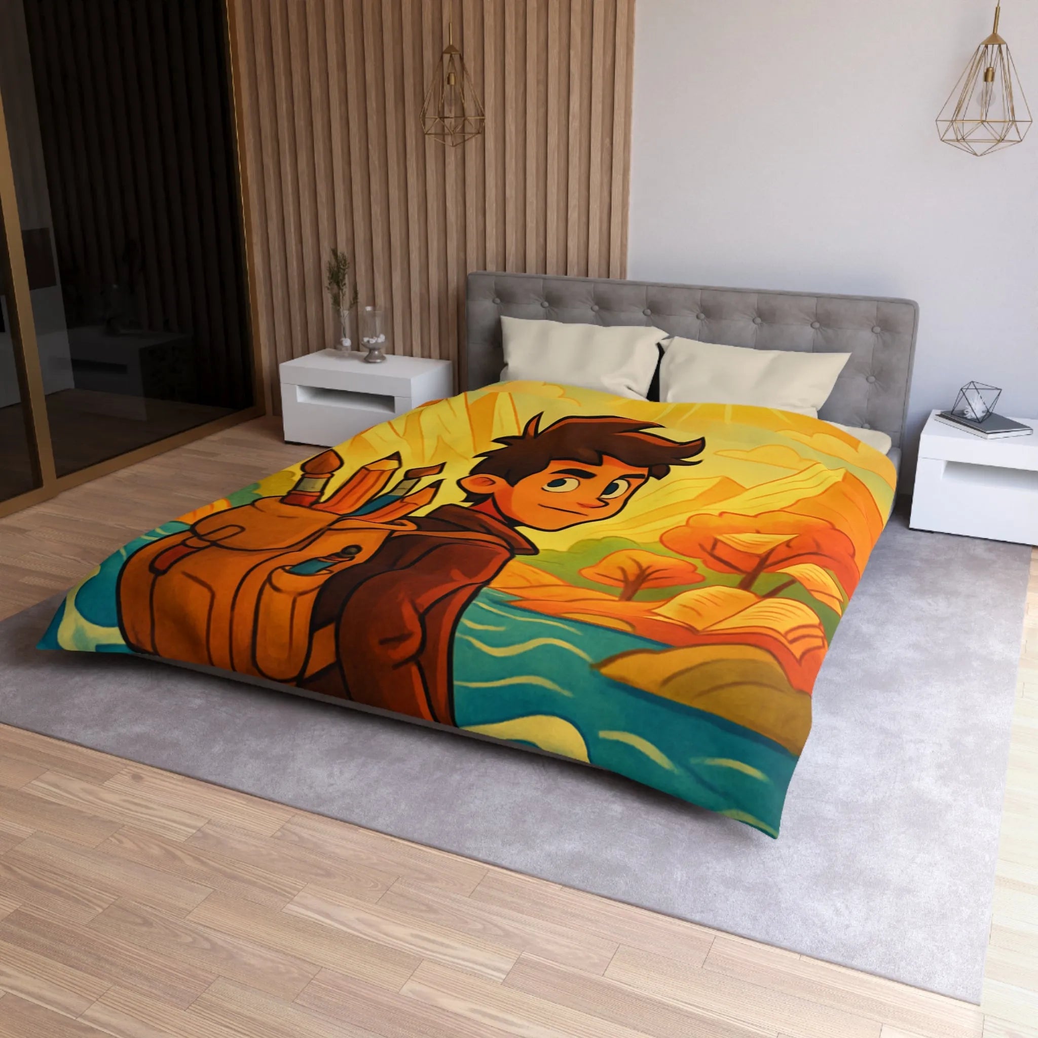 Housse de couette artistique colorée avec paysage lumineux et personnage aventureux dessiné