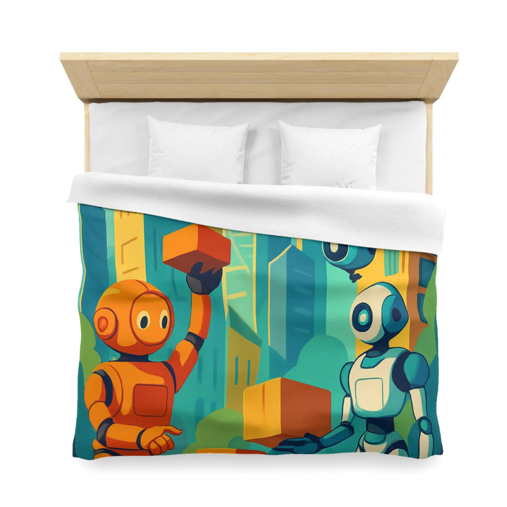 Housse de couette futuriste avec robots colorés dans une ville moderne lumineuse