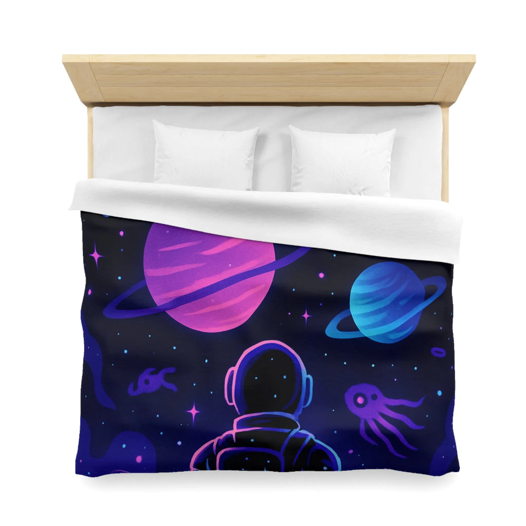 Housse de couette cosmique colorée avec astronaute, planètes et motifs galactiques rêveurs