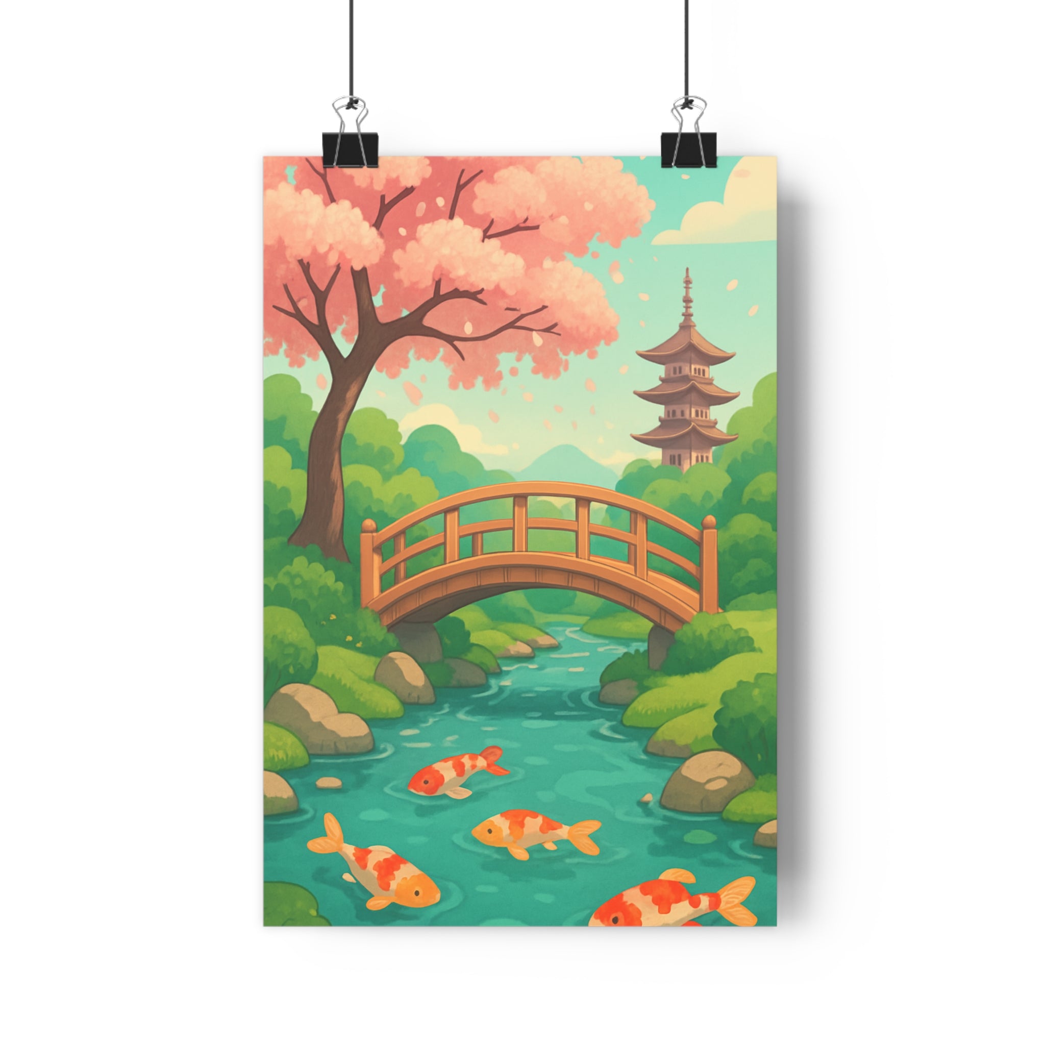 Poster décoratif cartoon zen coloré paisible salon méditation apaisant fleurs pont bois rivière qualité