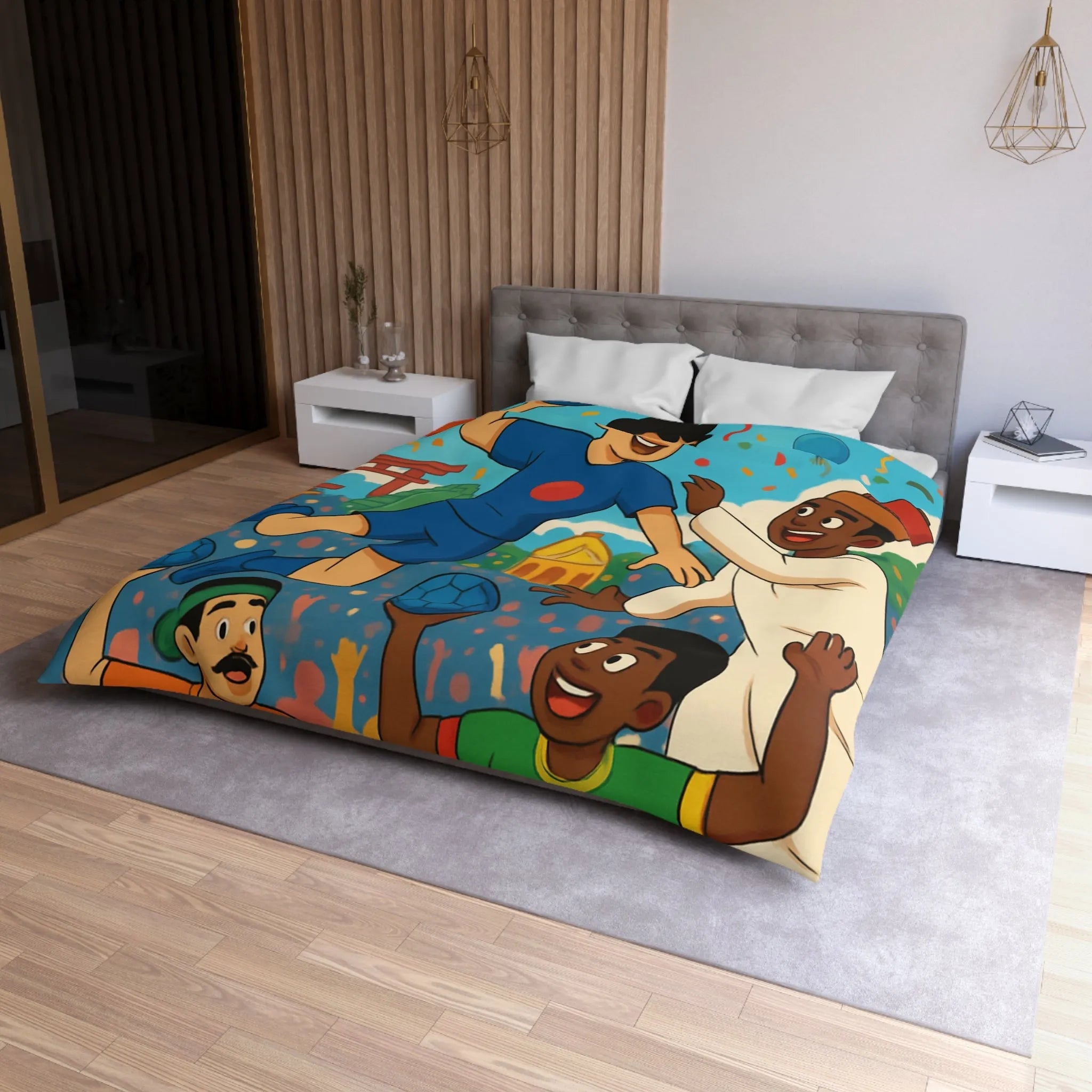 Housse de couette colorée célébrant la diversité multiculturelle avec ballons et drapeaux