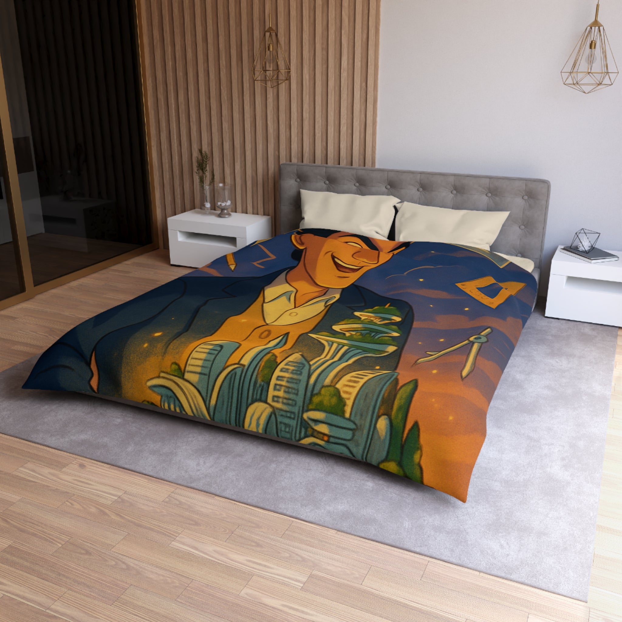 Housse de couette urbaine avec design futuriste, ambiance artistique et couleurs somptueuses